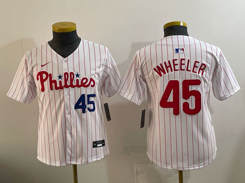 Youth 2026 Philadelphia Phillies #45 Wheeler White Game Nike MLB Jersey style 04->youth mlb jersey->Youth Jersey
